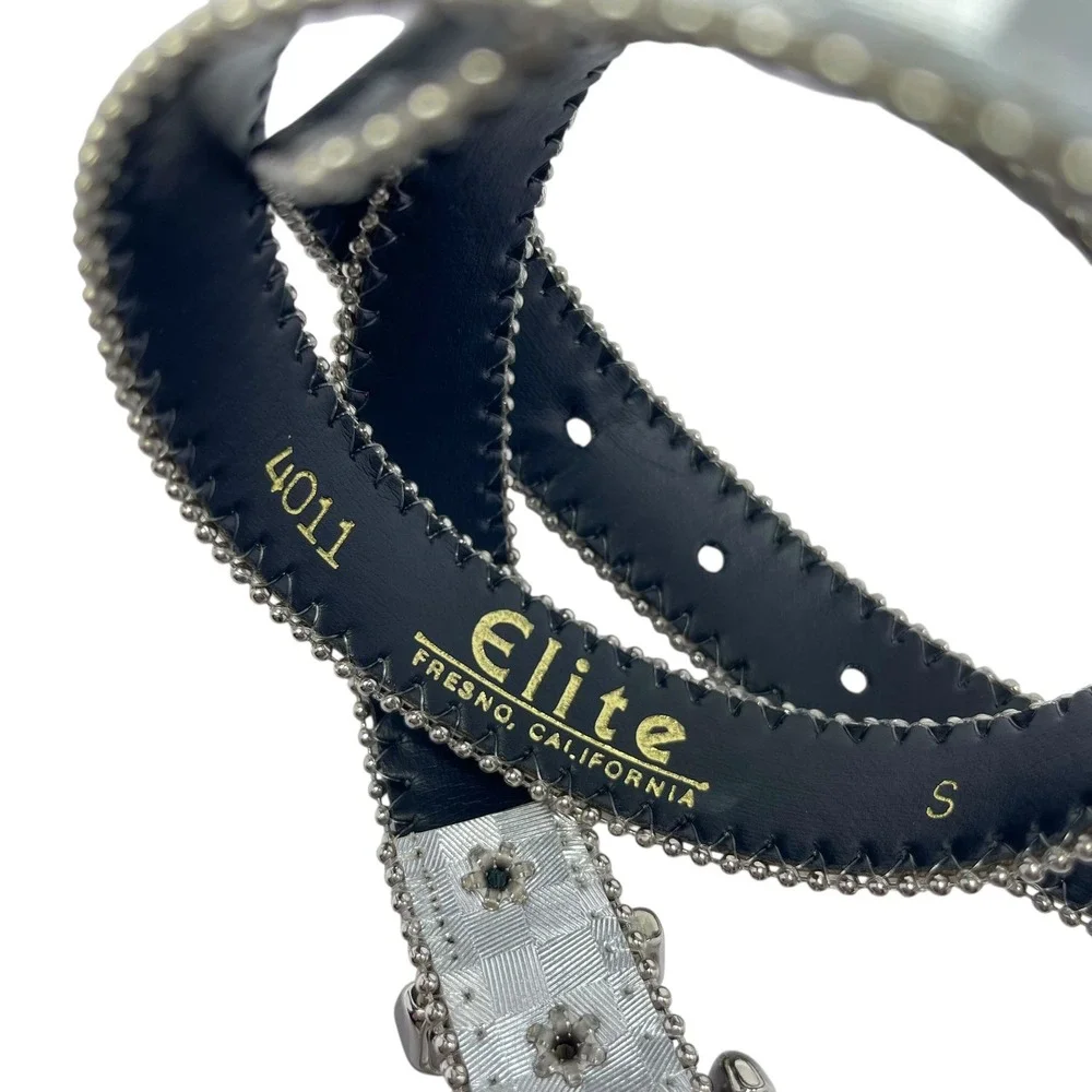 VTG Elite USA Silver Metallic Checkered Belt Disco Y2K Geometric‎ Sz Small Punk